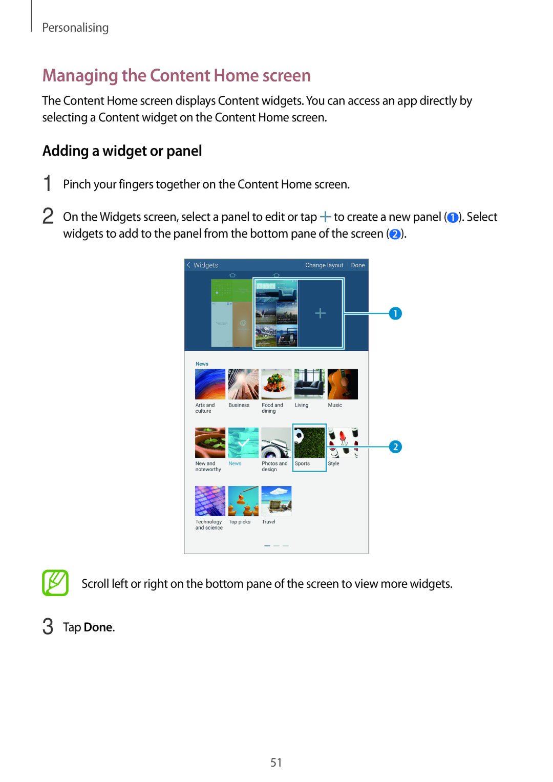 Samsung SM-T700 user manual Managing the Content Home screen, Adding a widget or panel 