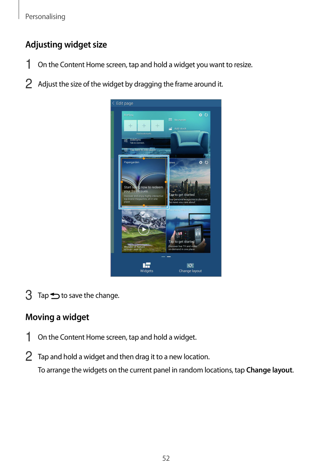 Samsung SM-T700 user manual Adjusting widget size, Moving a widget 