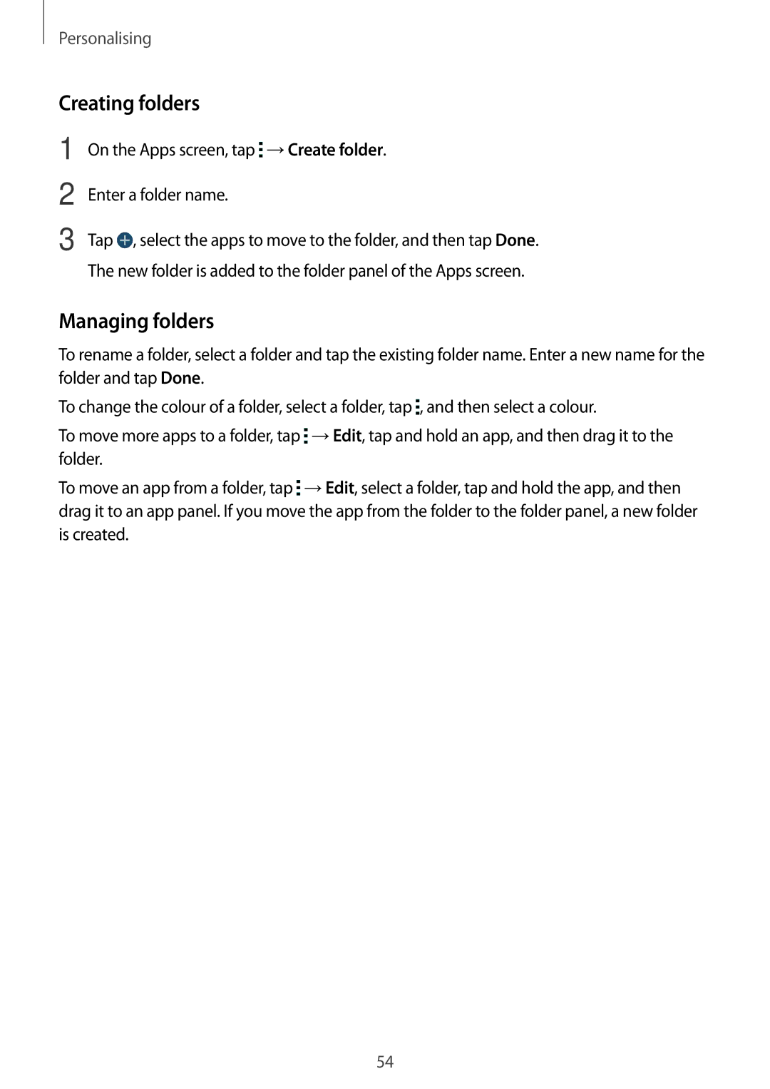 Samsung SM-T700 user manual Creating folders, On the Apps screen, tap →Create folder Enter a folder name 