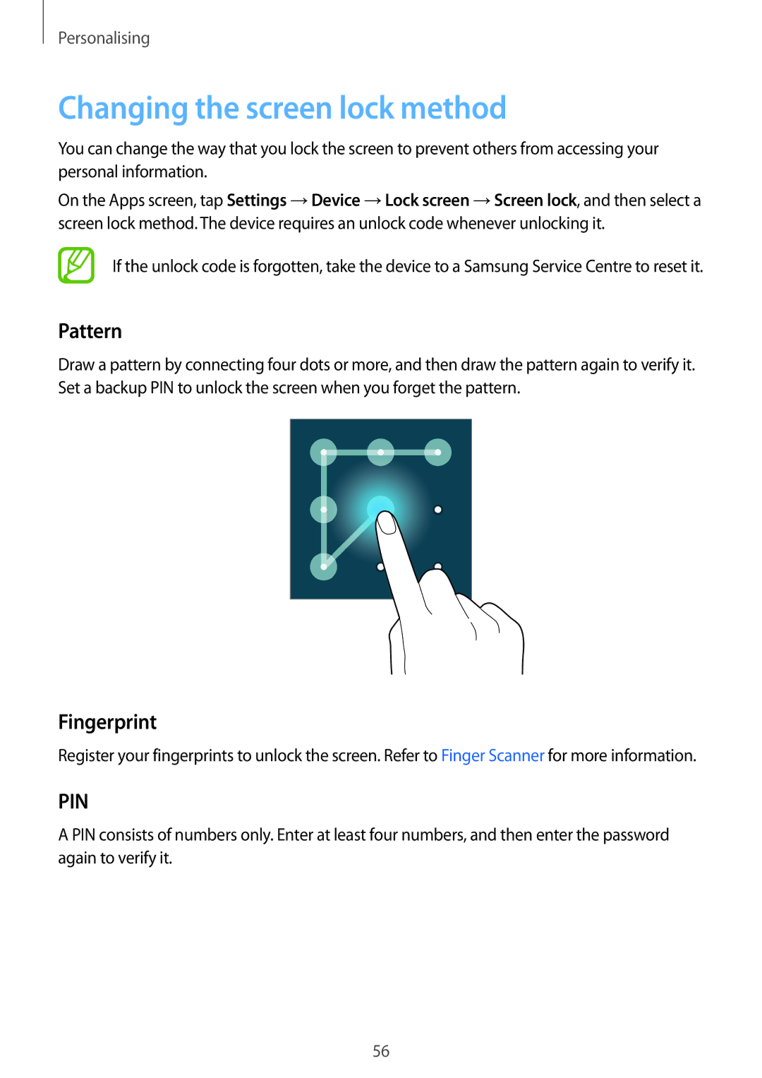 Samsung SM-T700 user manual Changing the screen lock method, Pattern, Fingerprint 