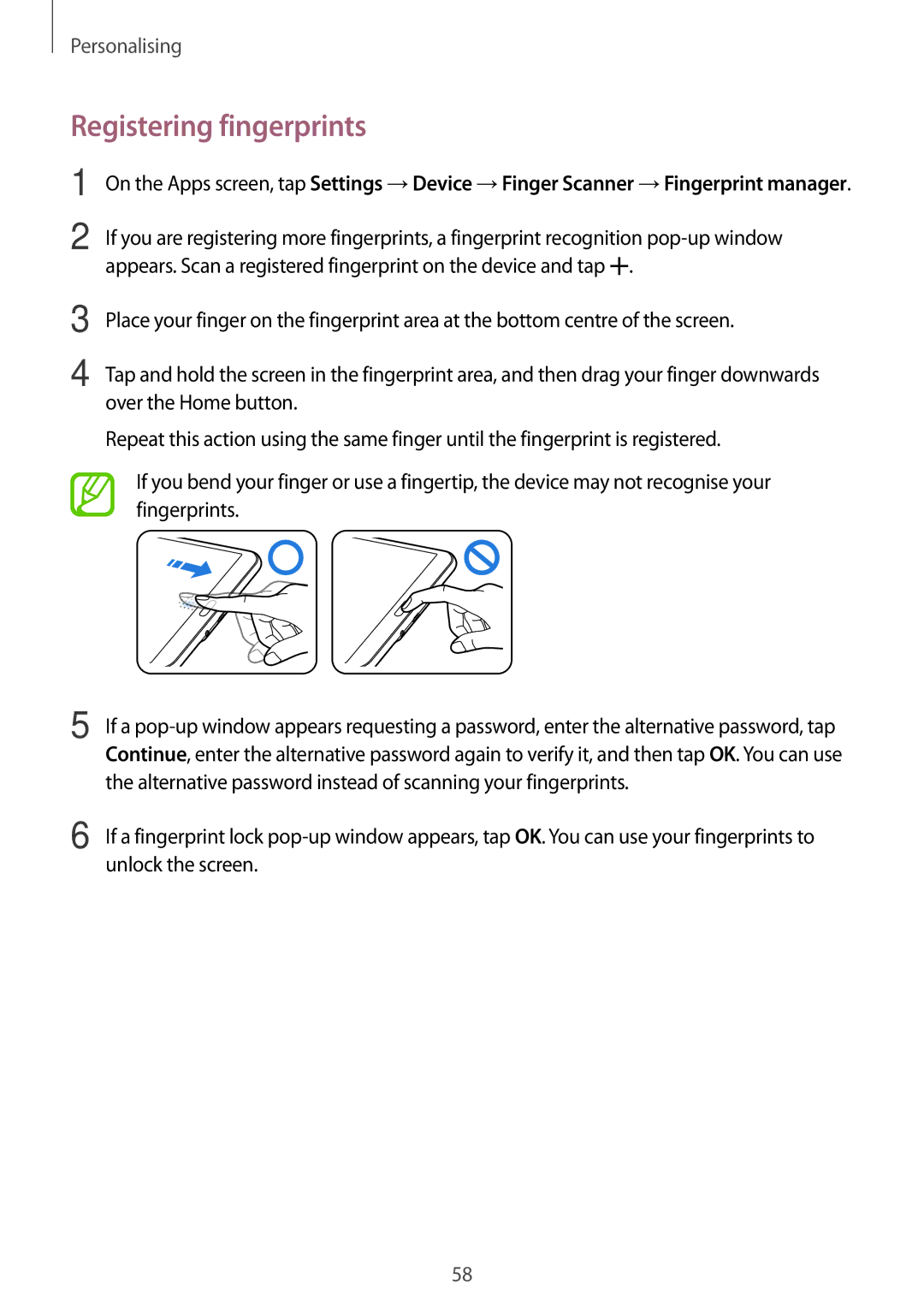 Samsung SM-T700 user manual Registering fingerprints 