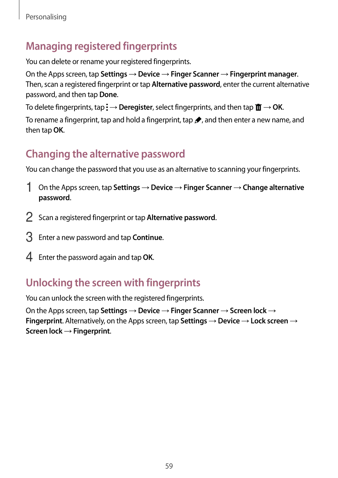 Samsung SM-T700 user manual Managing registered fingerprints, Changing the alternative password 