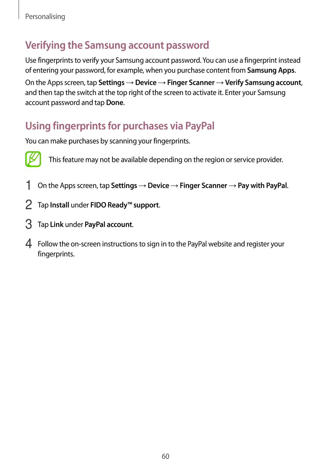 Samsung SM-T700 user manual Verifying the Samsung account password, Using fingerprints for purchases via PayPal 