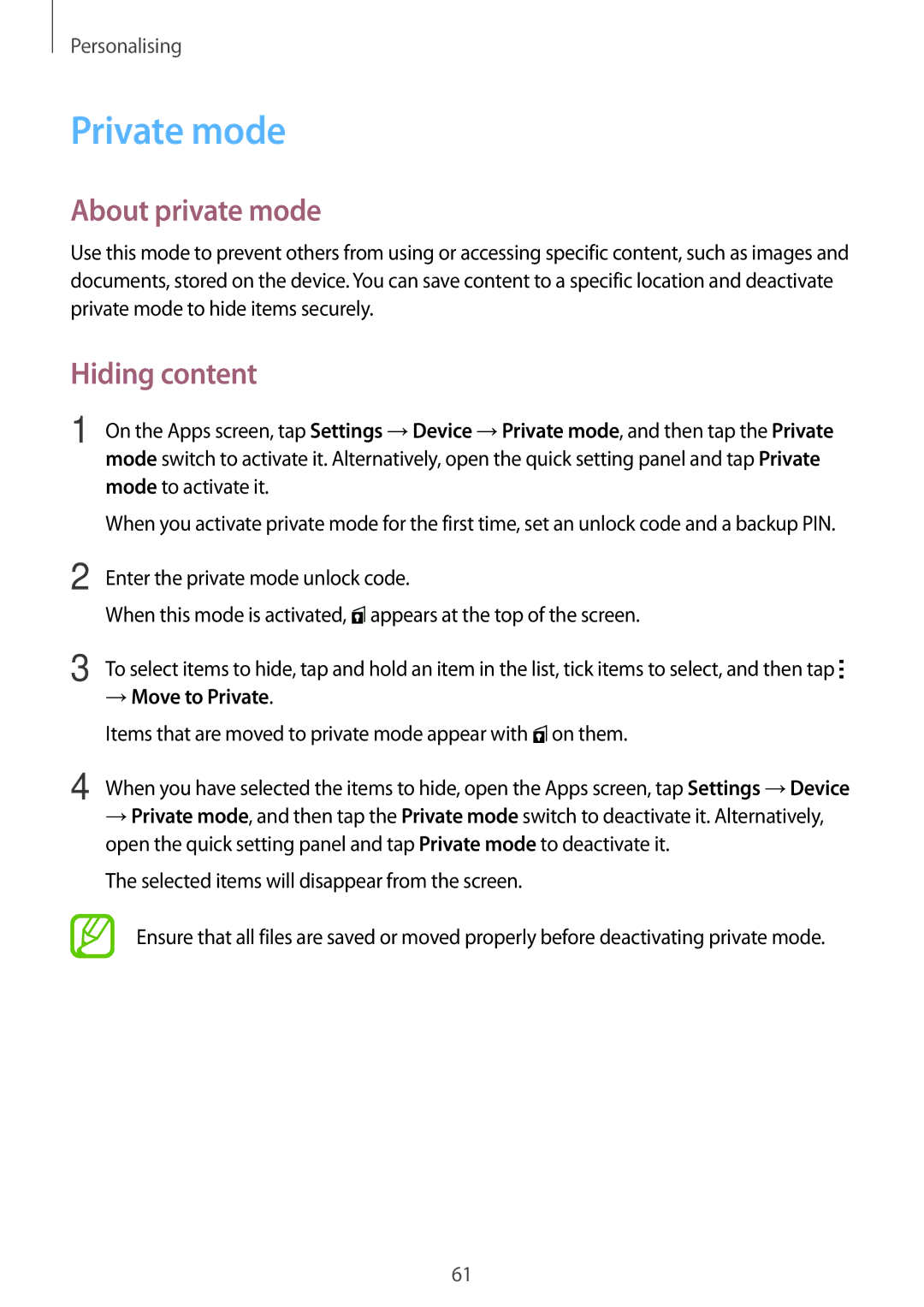 Samsung SM-T700 user manual Private mode, About private mode, Hiding content, → Move to Private 