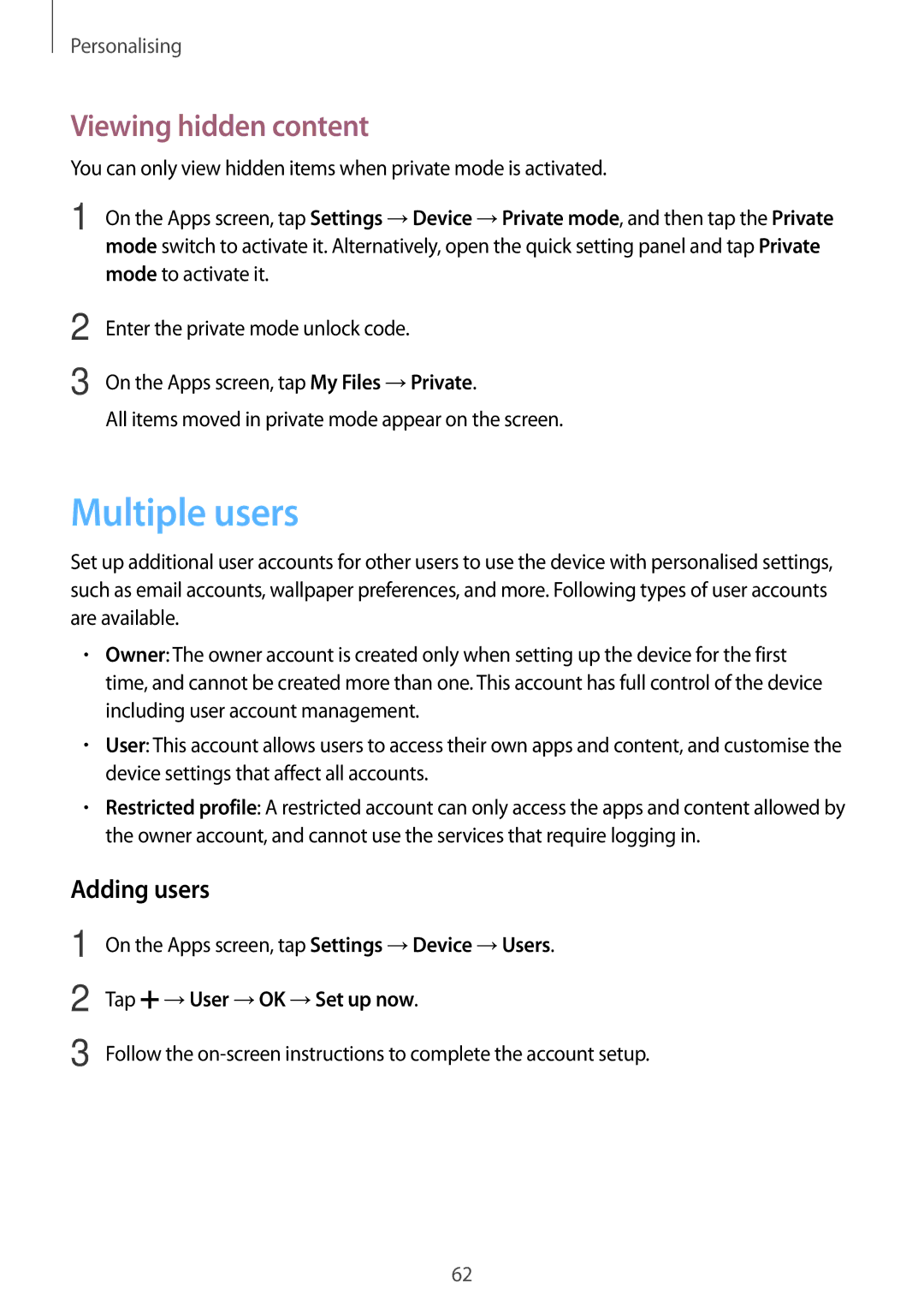 Samsung SM-T700 Multiple users, Viewing hidden content, Adding users, On the Apps screen, tap Settings →Device →Users 