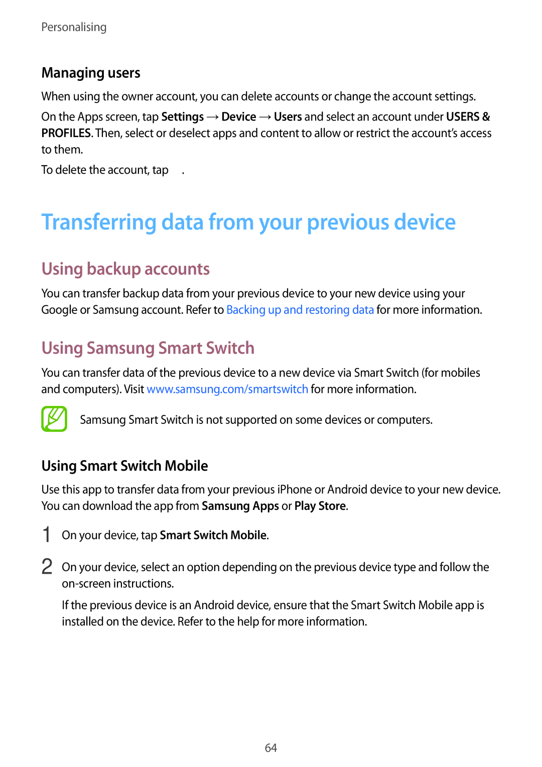 Samsung SM-T700 user manual Transferring data from your previous device, Using backup accounts, Using Samsung Smart Switch 