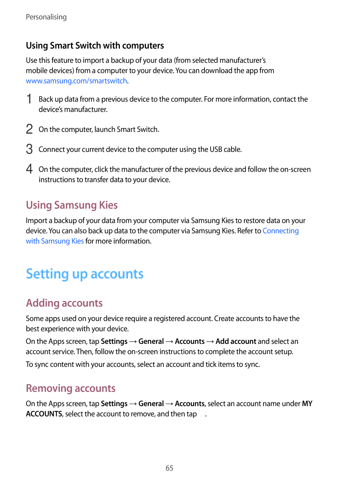 Samsung SM-T700 user manual Setting up accounts, Using Samsung Kies, Adding accounts, Removing accounts 