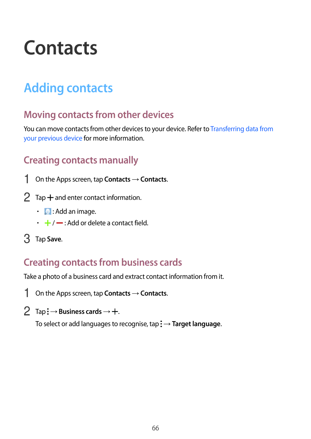 Samsung SM-T700 user manual Contacts, Adding contacts, Moving contacts from other devices, Creating contacts manually 