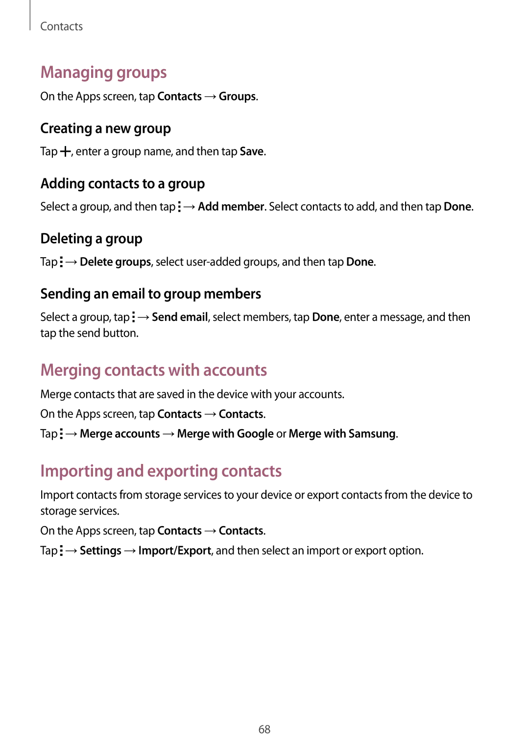 Samsung SM-T700 user manual Managing groups, Merging contacts with accounts, Importing and exporting contacts 