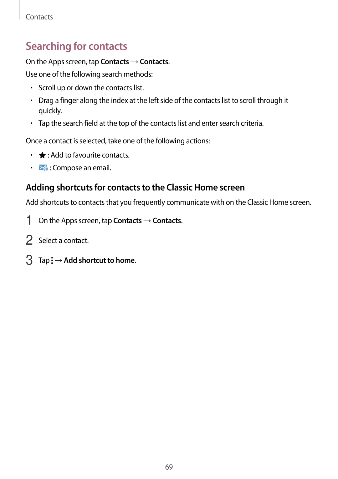 Samsung SM-T700 user manual Searching for contacts, Adding shortcuts for contacts to the Classic Home screen 