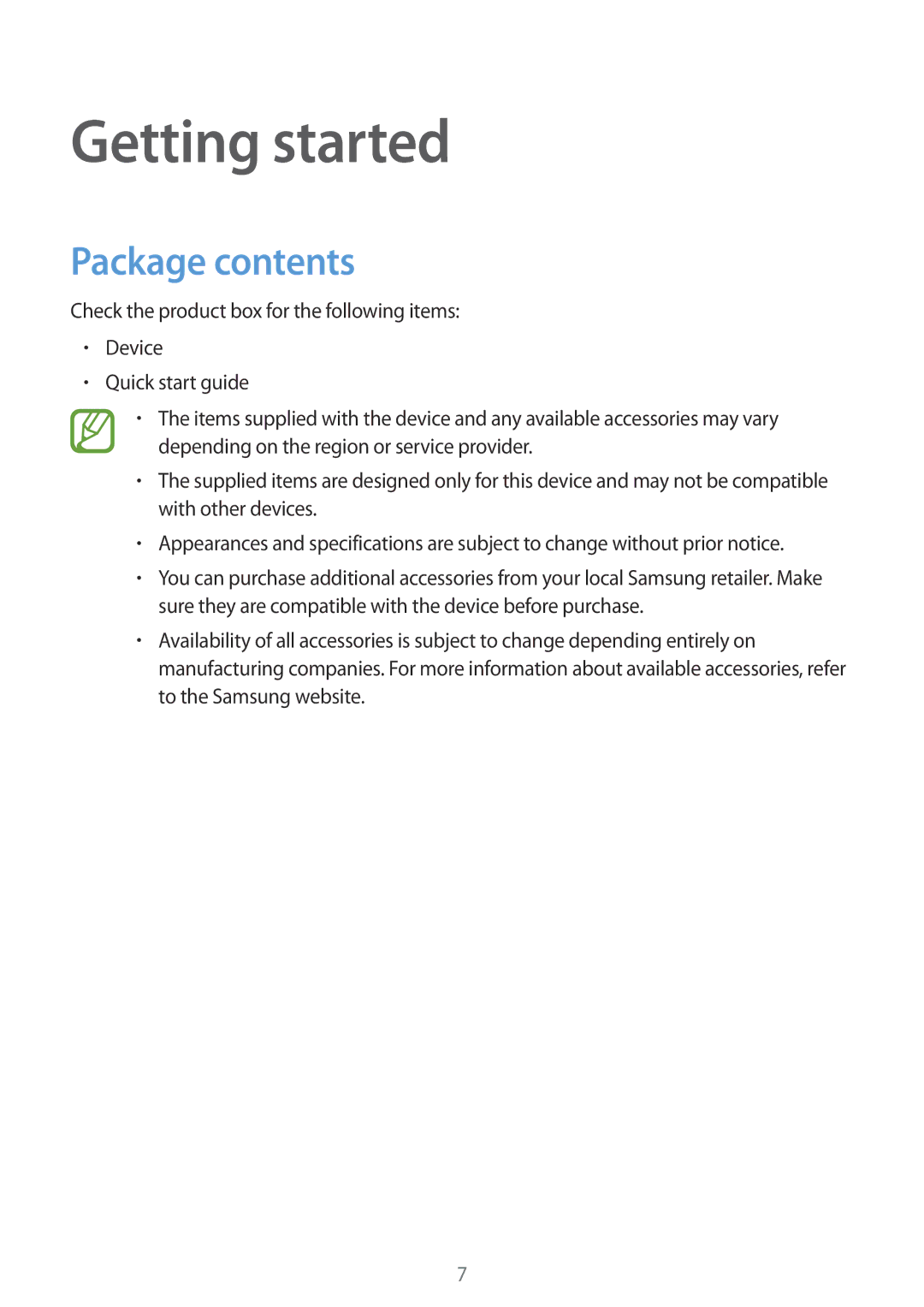 Samsung SM-T700 user manual Getting started, Package contents 