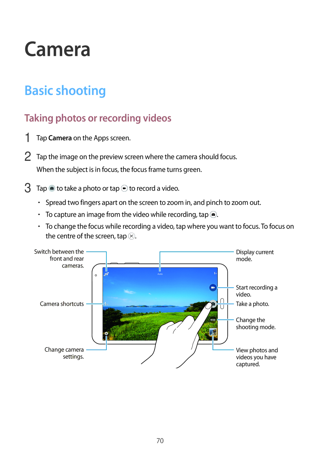 Samsung SM-T700 user manual Basic shooting, Taking photos or recording videos, Tap Camera on the Apps screen 