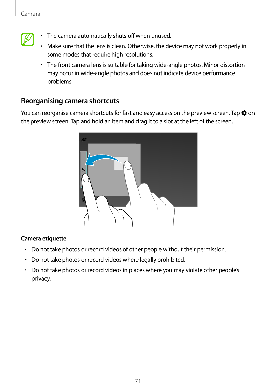 Samsung SM-T700 user manual Reorganising camera shortcuts, Camera etiquette 