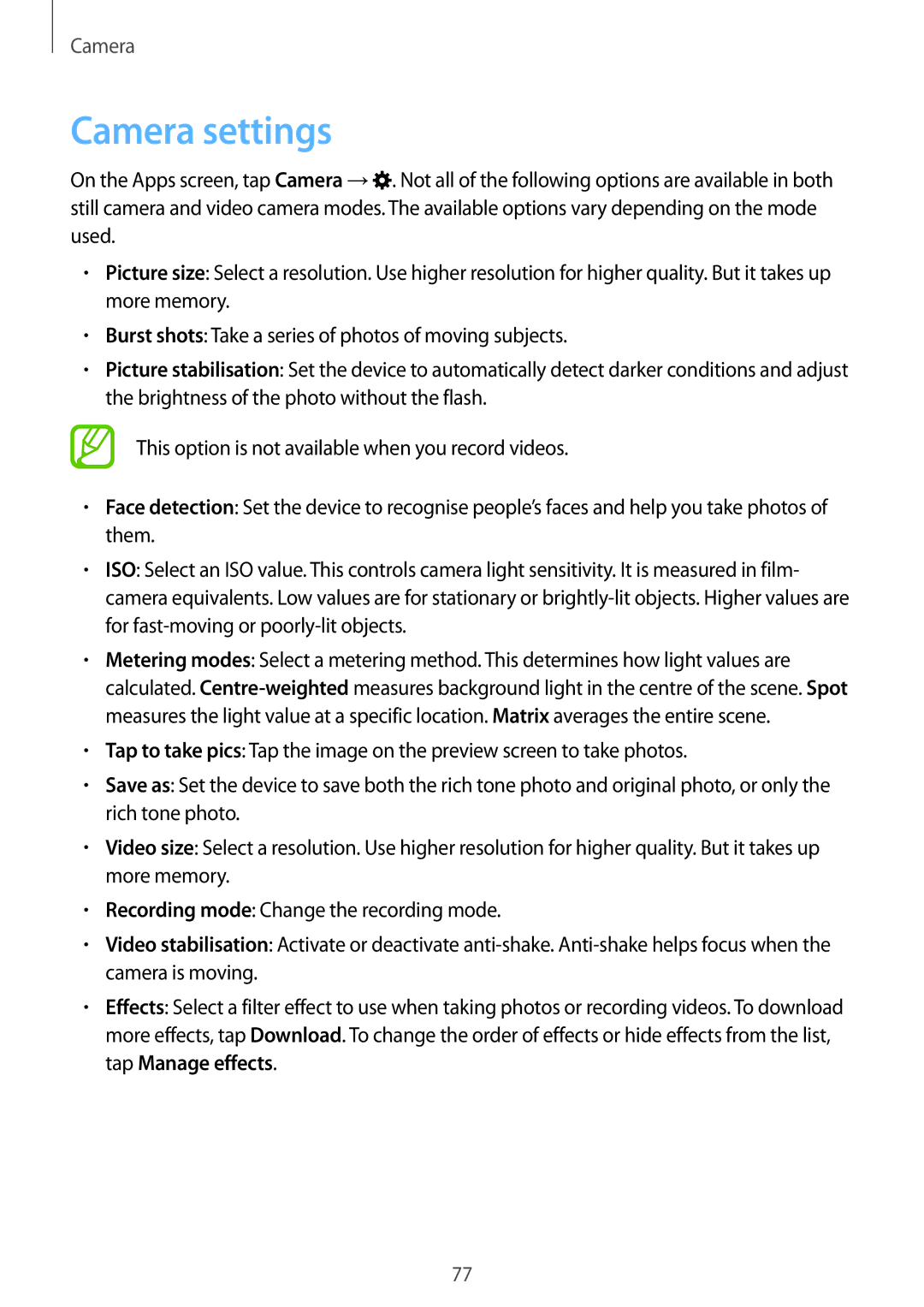 Samsung SM-T700 user manual Camera settings 