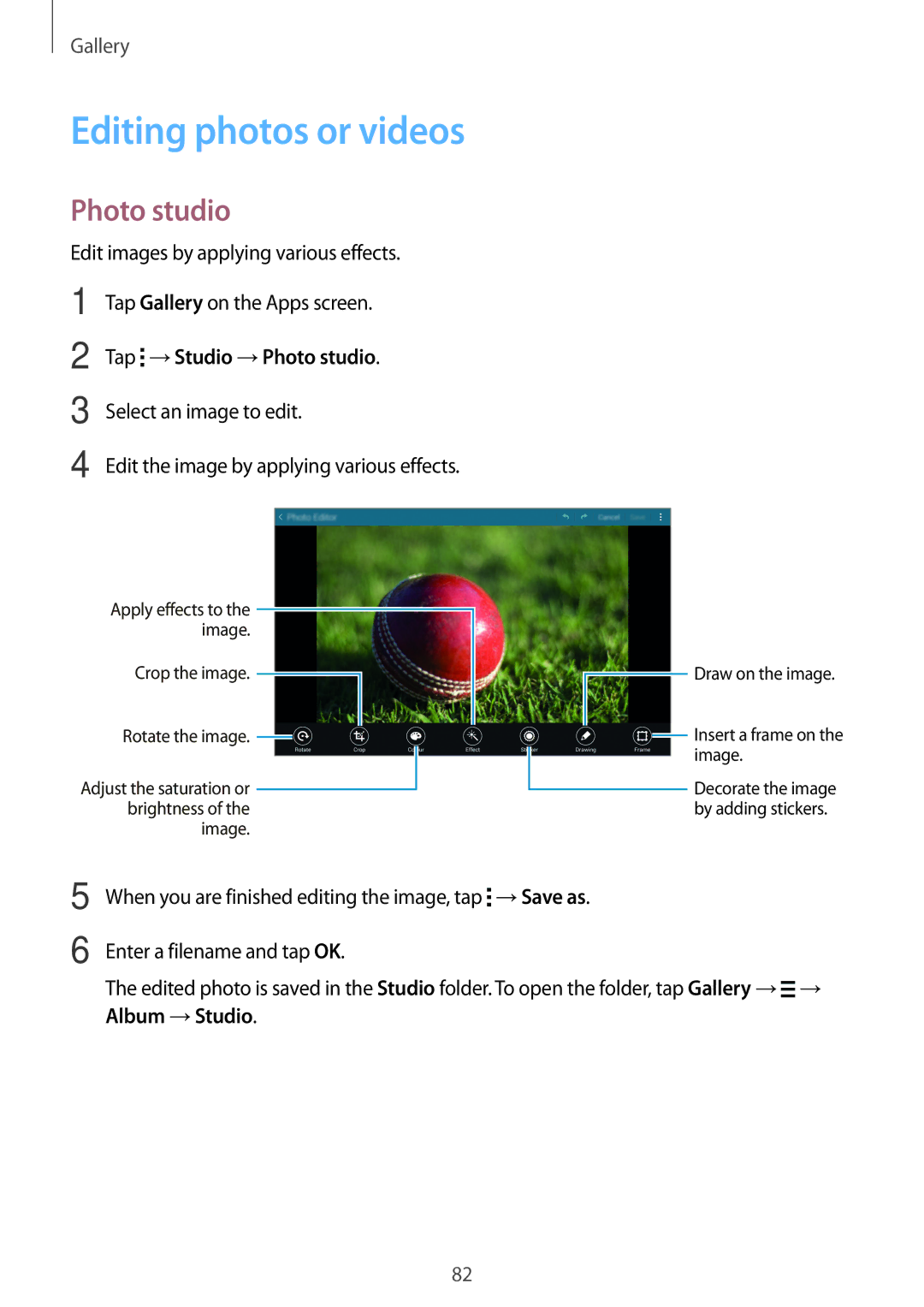 Samsung SM-T700 user manual Tap →Studio →Photo studio, Select an image to edit 