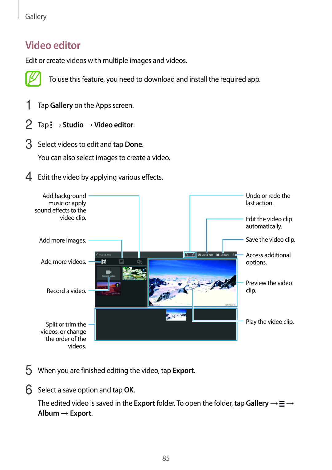 Samsung SM-T700 user manual Tap →Studio →Video editor 