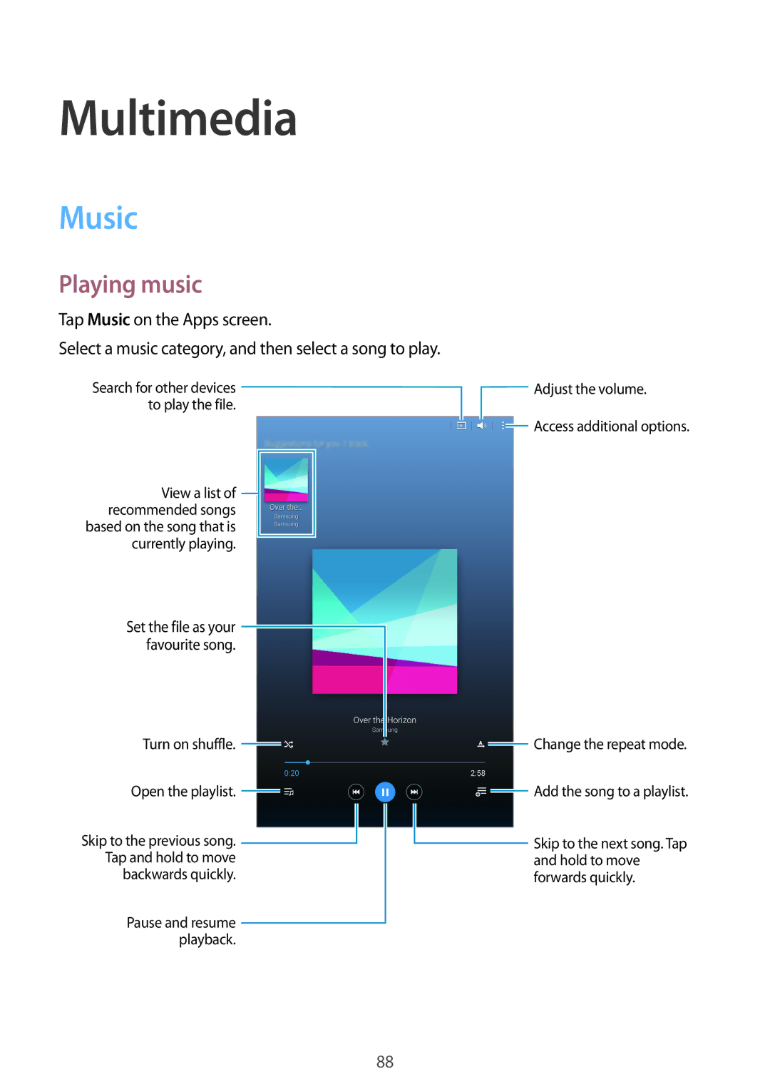 Samsung SM-T700 user manual Multimedia, Music, Playing music 