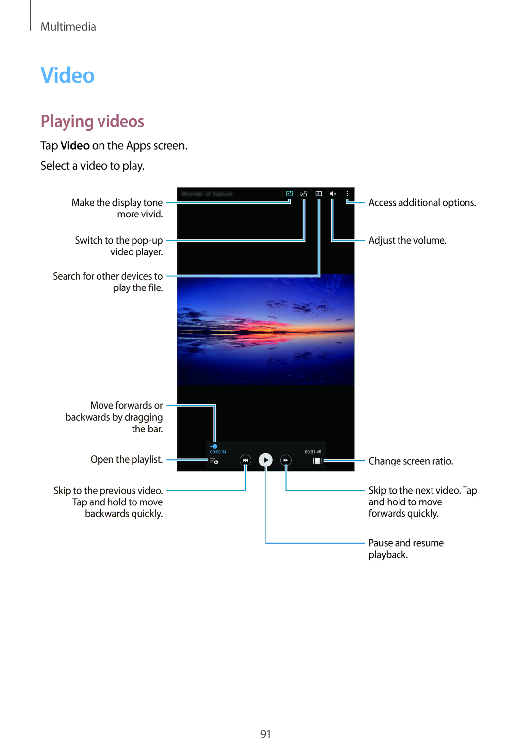 Samsung SM-T700 user manual Playing videos, Tap Video on the Apps screen Select a video to play 