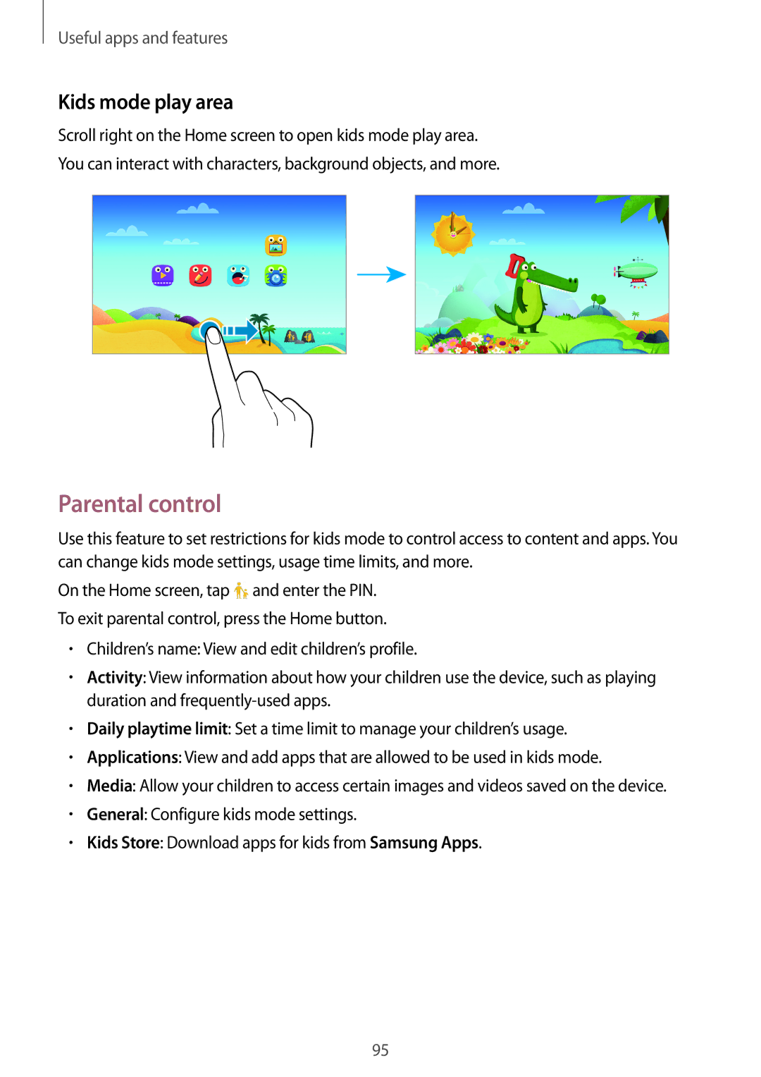 Samsung SM-T700 user manual Parental control, Kids mode play area 