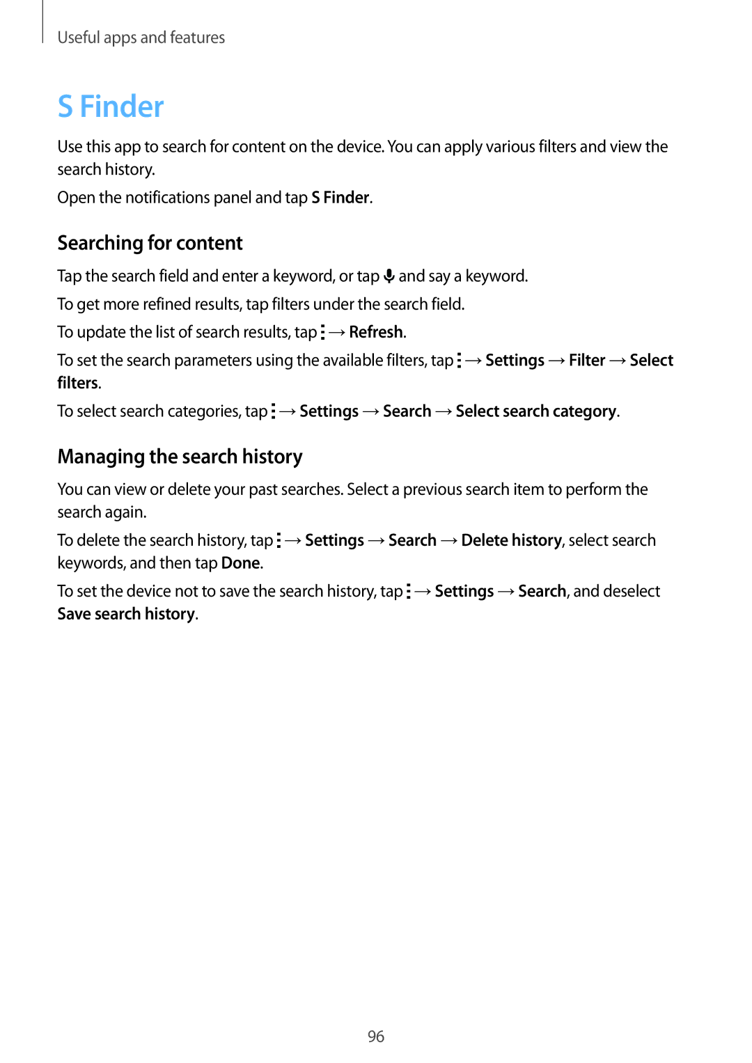 Samsung SM-T700 user manual Finder, Searching for content, Managing the search history 