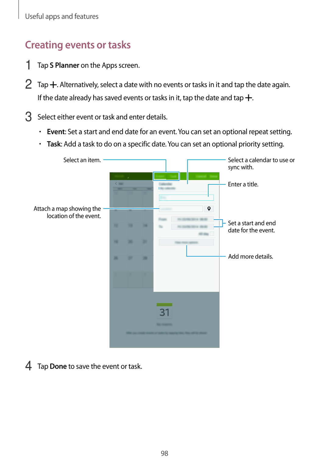 Samsung SM-T700 Creating events or tasks, Tap S Planner on the Apps screen, Select either event or task and enter details 