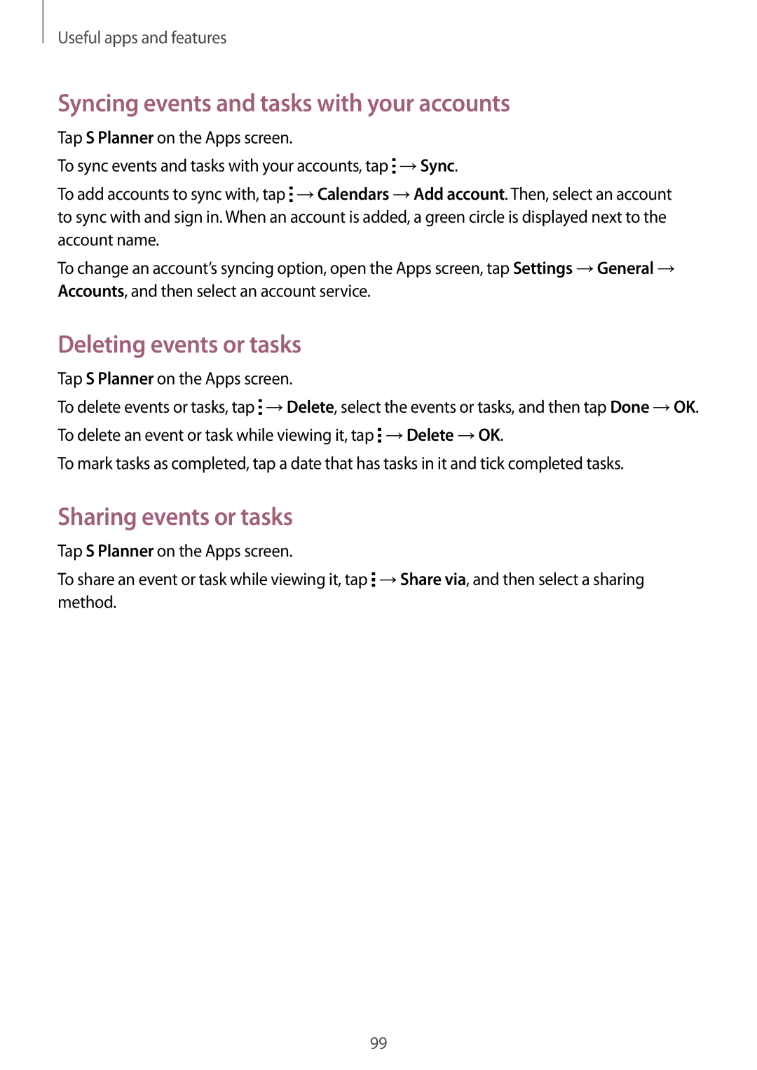 Samsung SM-T700 user manual Syncing events and tasks with your accounts, Deleting events or tasks, Sharing events or tasks 