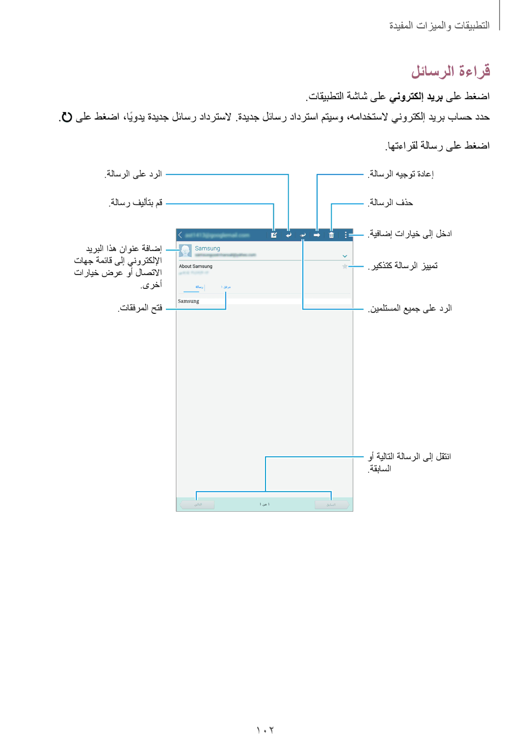 Samsung SM-T700NTSAKSA manual لئاسرلا ةءارق, 102, اهتءارقل ةلاسر ىلع طغضا 