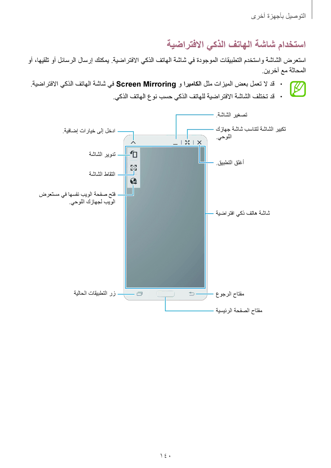 Samsung SM-T700NTSAKSA manual ةيضارتفلاا يكذلا فتاهلا ةشاش مادختسا, 140, نيرخآ عم ةثاحملا 