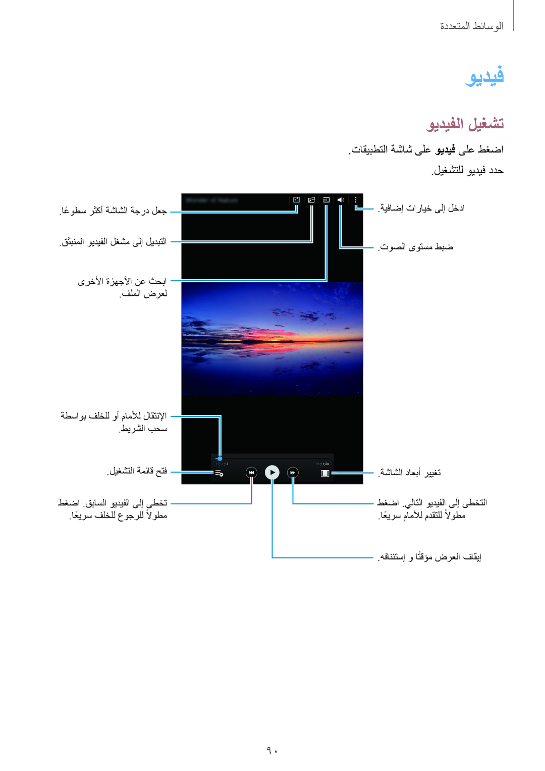 Samsung SM-T700NTSAKSA manual ويديفلا ليغشت, تاقيبطتلا ةشاش ىلع ويديف ىلع طغضا ليغشتلل ويديف ددح 