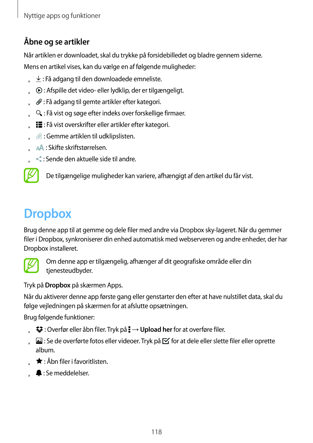 Samsung SM-T700NLSANEE, SM-T700NTSANEE, SM-T700NZWANEE, SM-T700NHAANEE manual Dropbox, Åbne og se artikler 