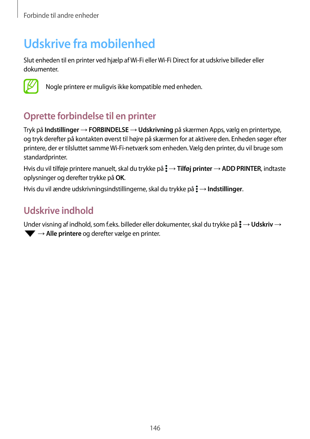 Samsung SM-T700NLSANEE, SM-T700NTSANEE manual Udskrive fra mobilenhed, Oprette forbindelse til en printer, Udskrive indhold 