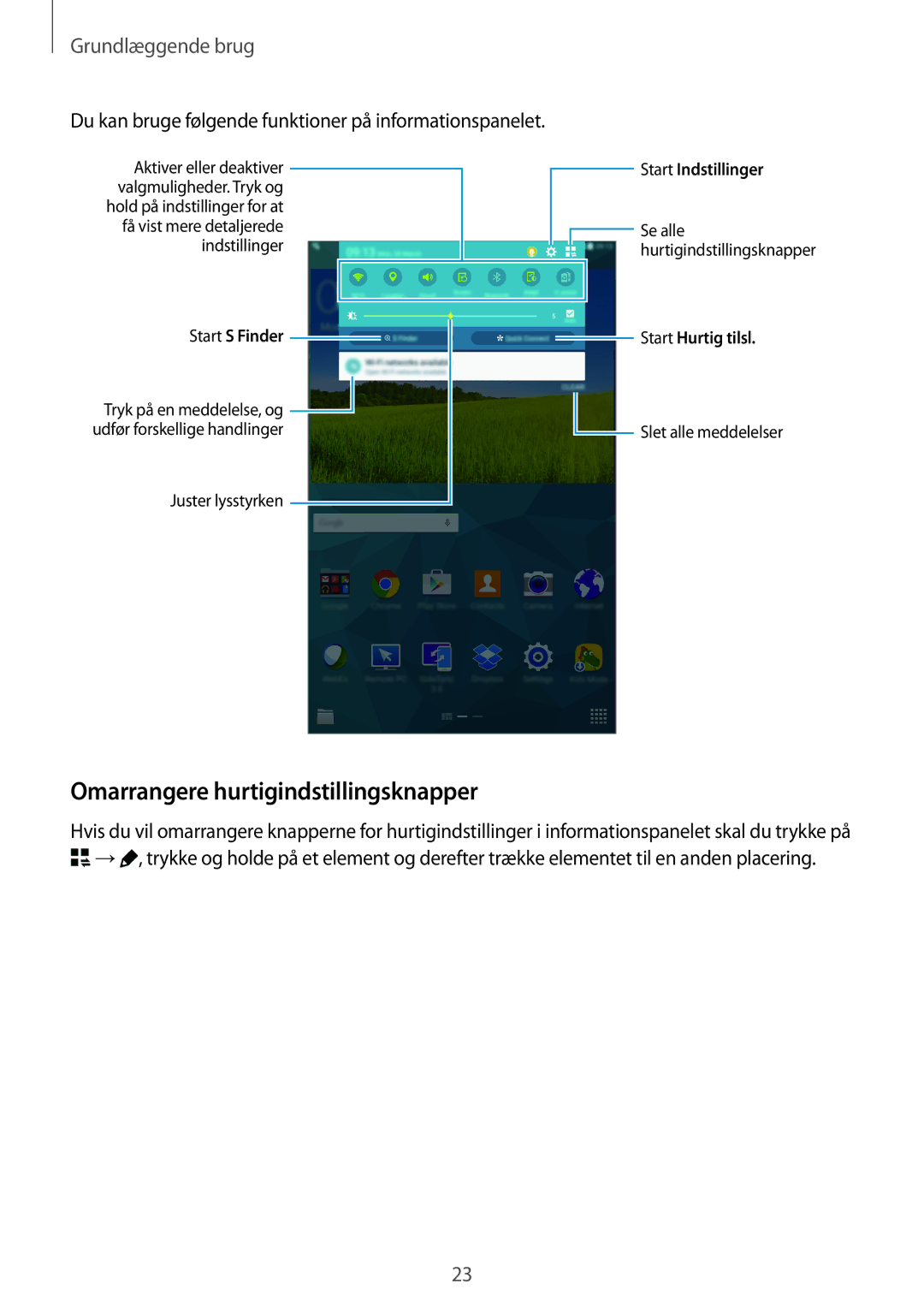 Samsung SM-T700NHAANEE Omarrangere hurtigindstillingsknapper, Du kan bruge følgende funktioner på informationspanelet 