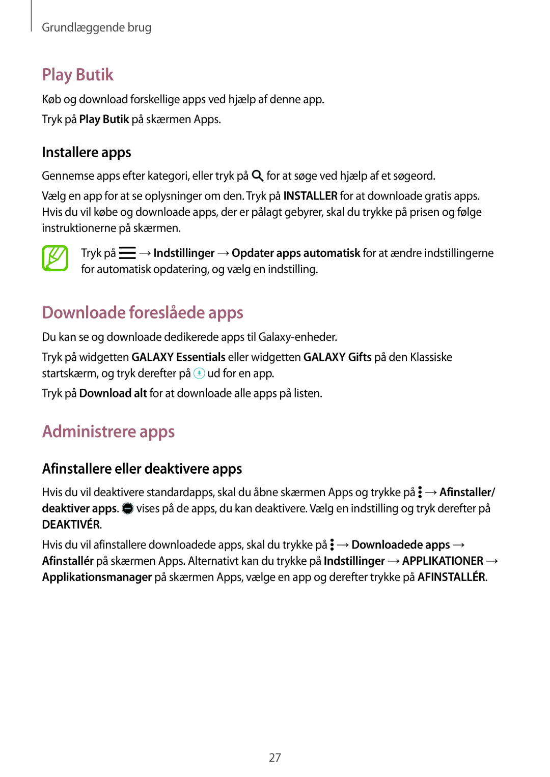 Samsung SM-T700NHAANEE manual Play Butik, Downloade foreslåede apps, Administrere apps, Afinstallere eller deaktivere apps 