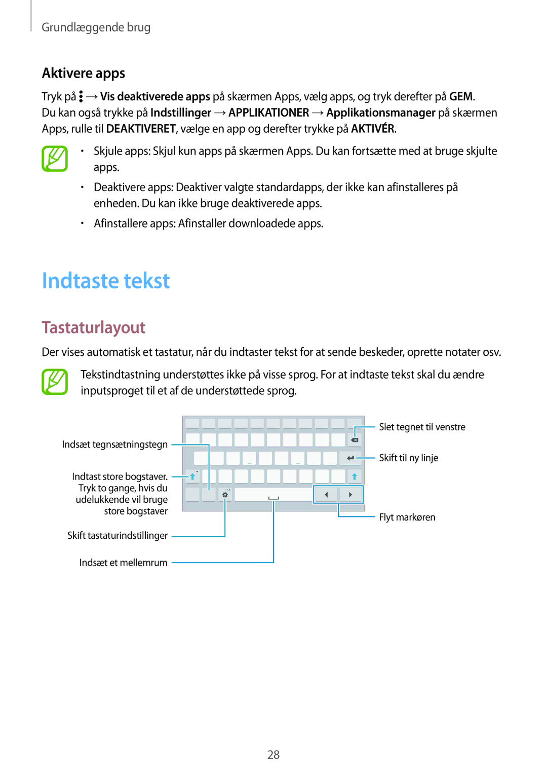 Samsung SM-T700NTSANEE, SM-T700NZWANEE, SM-T700NLSANEE, SM-T700NHAANEE manual Indtaste tekst, Tastaturlayout, Aktivere apps 