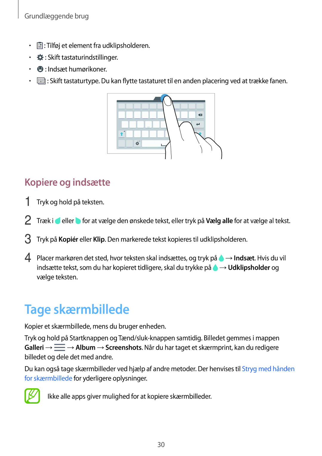 Samsung SM-T700NLSANEE, SM-T700NTSANEE, SM-T700NZWANEE manual Tage skærmbillede, Kopiere og indsætte, Tryk og hold på teksten 