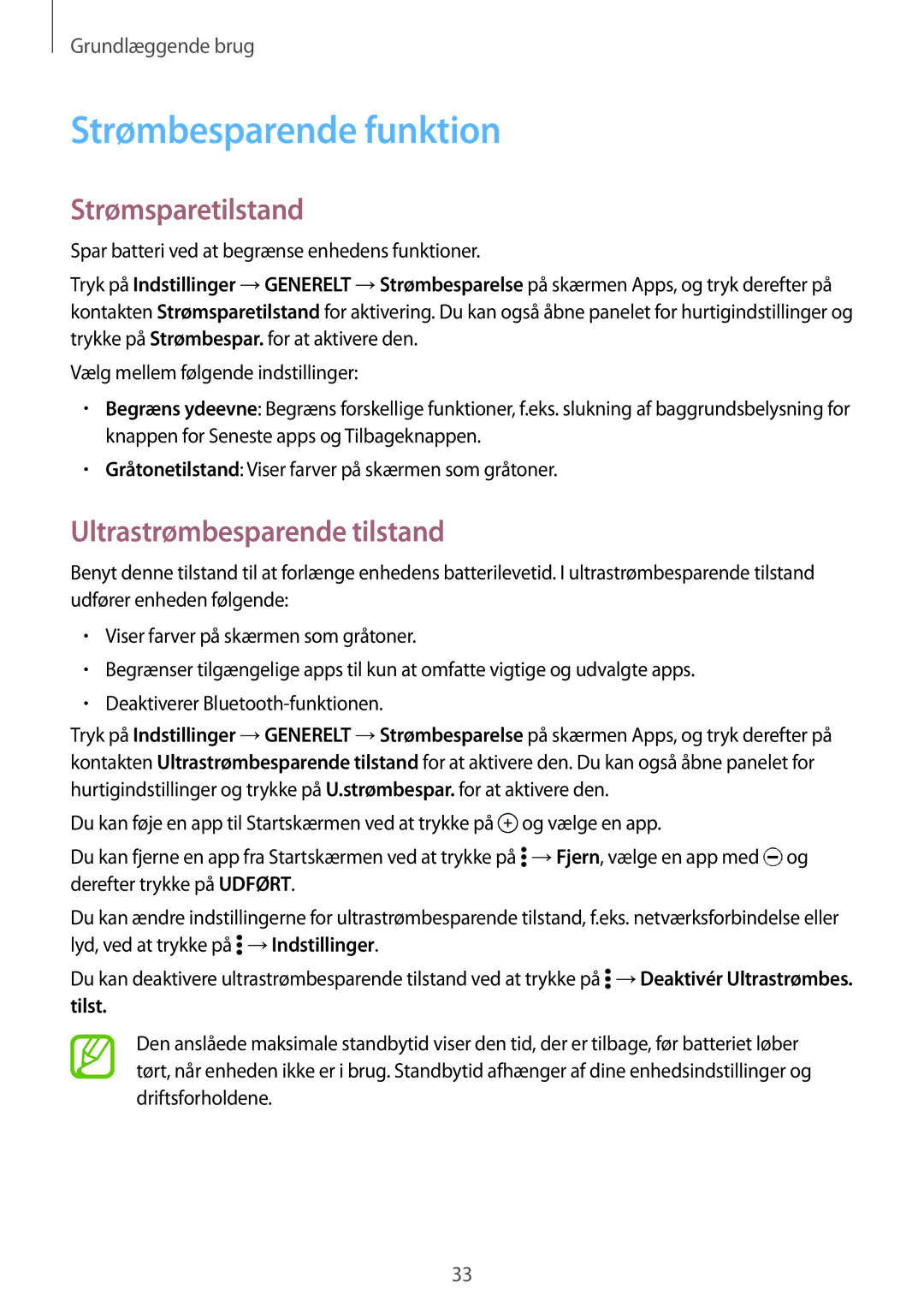 Samsung SM-T700NZWANEE, SM-T700NTSANEE Strømbesparende funktion, Strømsparetilstand, Ultrastrømbesparende tilstand, Tilst 