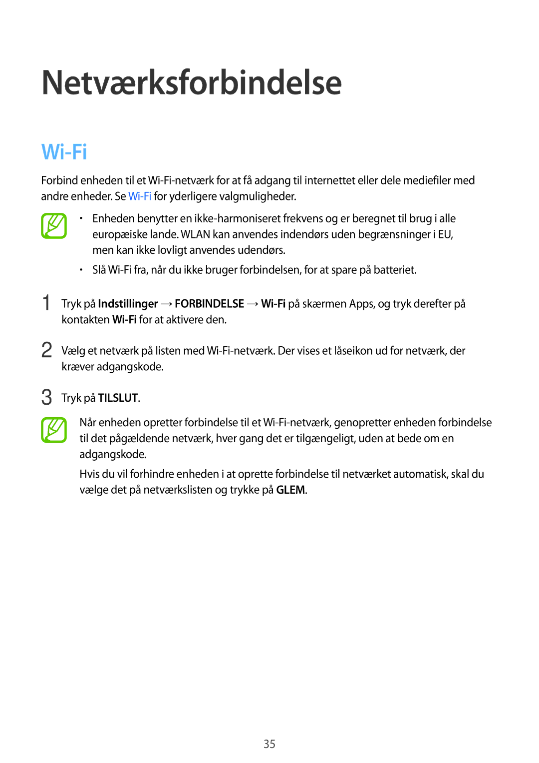 Samsung SM-T700NHAANEE, SM-T700NTSANEE, SM-T700NZWANEE, SM-T700NLSANEE manual Netværksforbindelse, Wi-Fi 