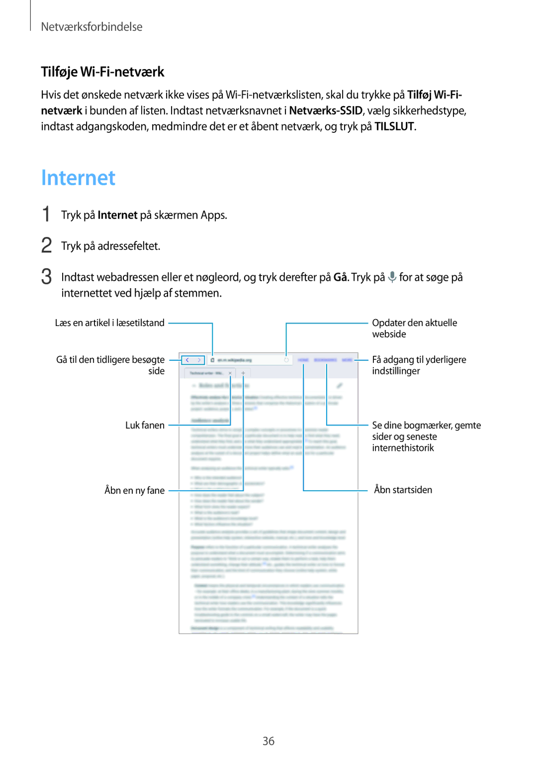 Samsung SM-T700NTSANEE, SM-T700NZWANEE, SM-T700NLSANEE, SM-T700NHAANEE manual Internet, Tilføje Wi-Fi-netværk 