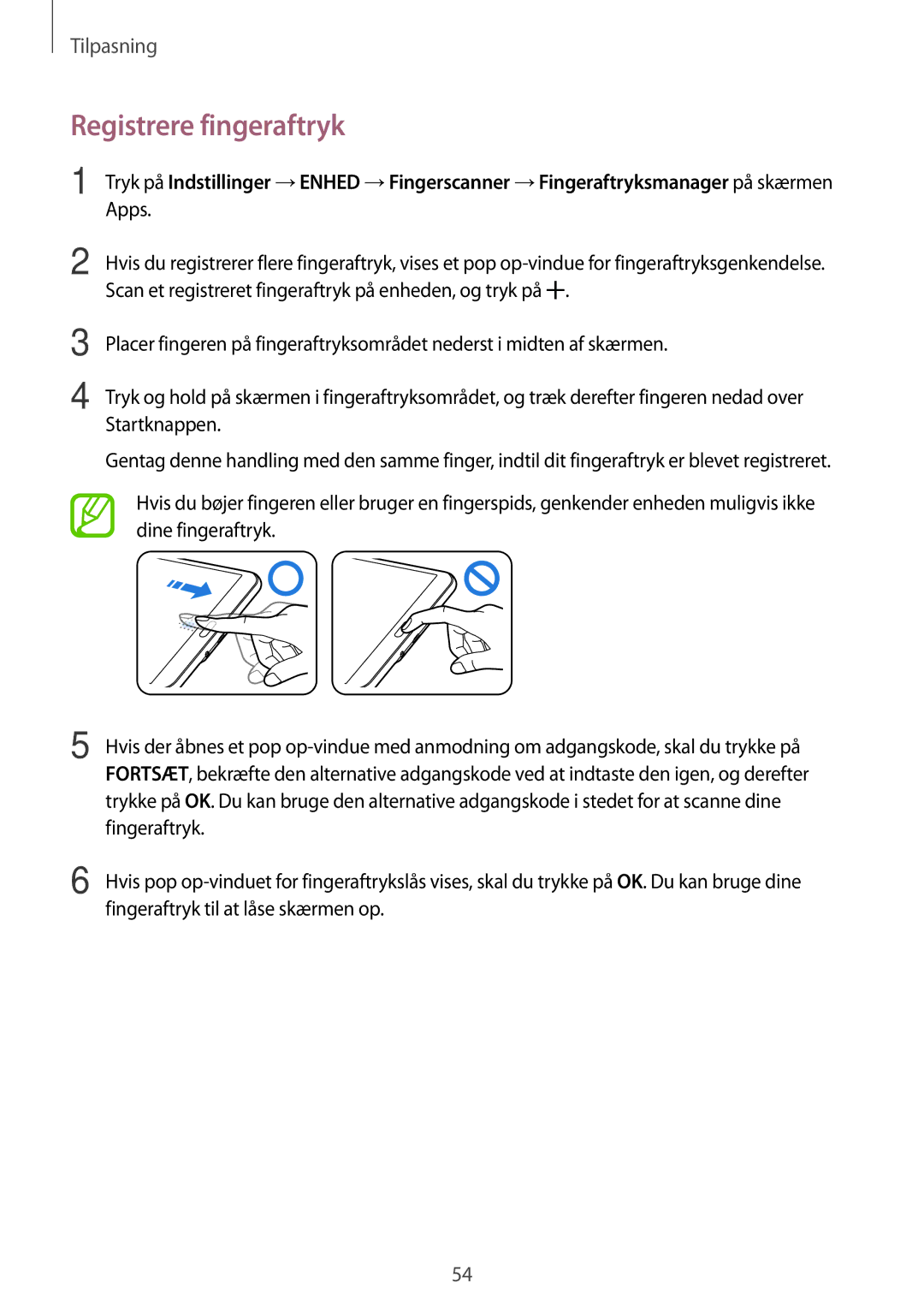 Samsung SM-T700NLSANEE manual Registrere fingeraftryk, Apps, Scan et registreret fingeraftryk på enheden, og tryk på 