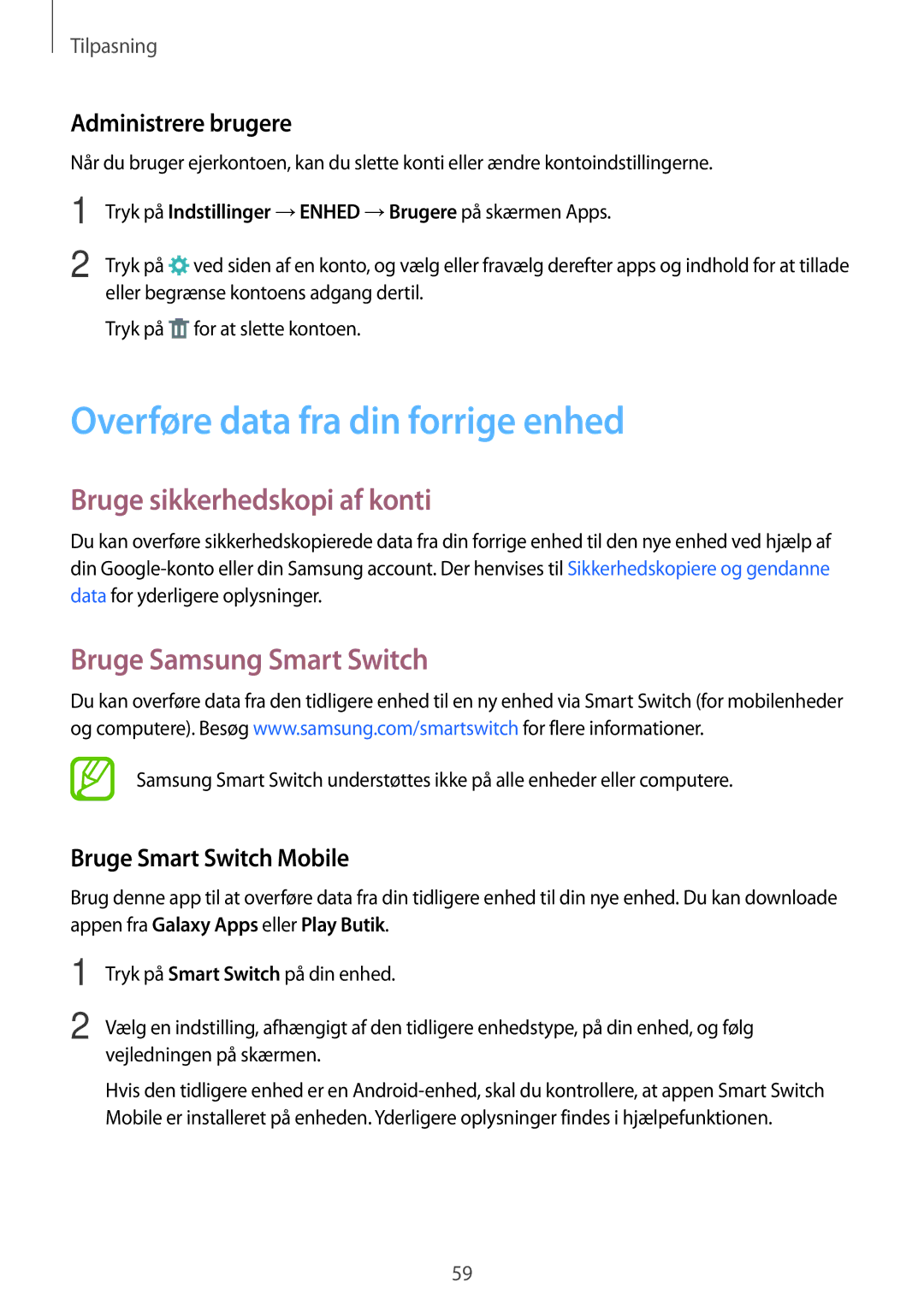 Samsung SM-T700NHAANEE Overføre data fra din forrige enhed, Bruge sikkerhedskopi af konti, Bruge Samsung Smart Switch 