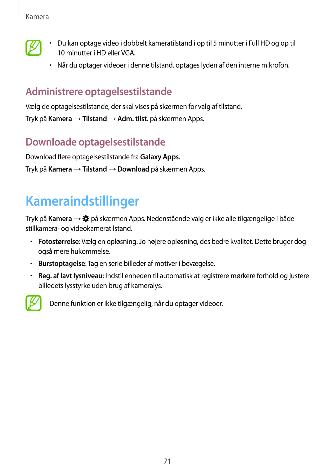 Samsung SM-T700NHAANEE manual Kameraindstillinger, Administrere optagelsestilstande, Downloade optagelsestilstande 