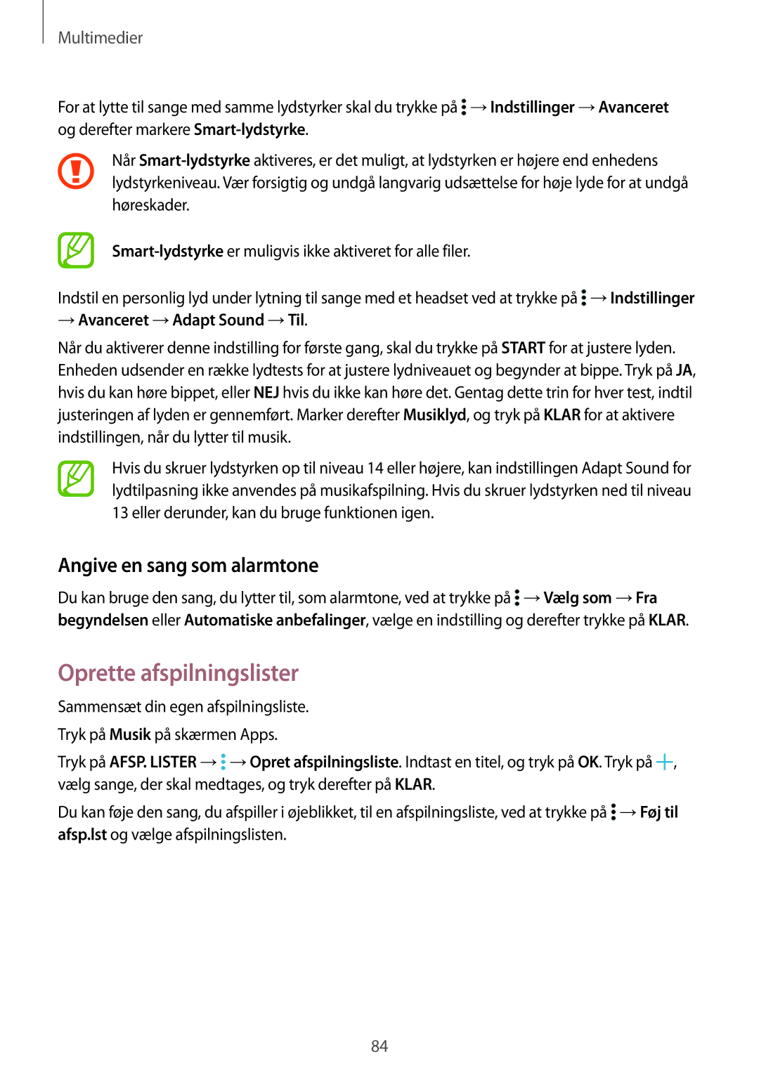 Samsung SM-T700NTSANEE manual Oprette afspilningslister, Angive en sang som alarmtone, → Avanceret →Adapt Sound →Til 