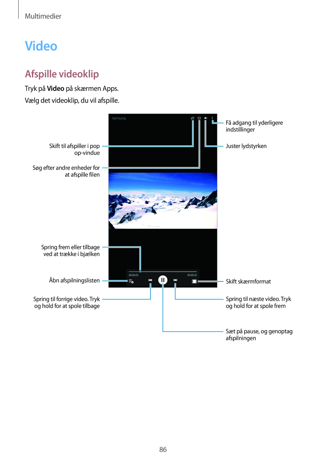 Samsung SM-T700NLSANEE, SM-T700NTSANEE, SM-T700NZWANEE, SM-T700NHAANEE manual Video, Afspille videoklip 