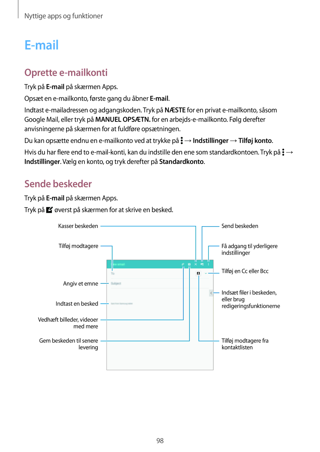 Samsung SM-T700NLSANEE, SM-T700NTSANEE manual Mail, Oprette e-mailkonti, Sende beskeder, Tryk på E-mailpå skærmen Apps 