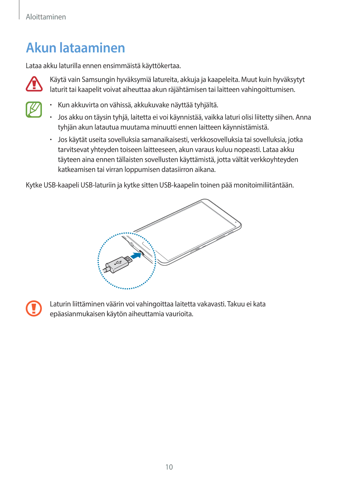 Samsung SM-T700NLSANEE, SM-T700NTSANEE, SM-T700NZWANEE Akun lataaminen, Lataa akku laturilla ennen ensimmäistä käyttökertaa 