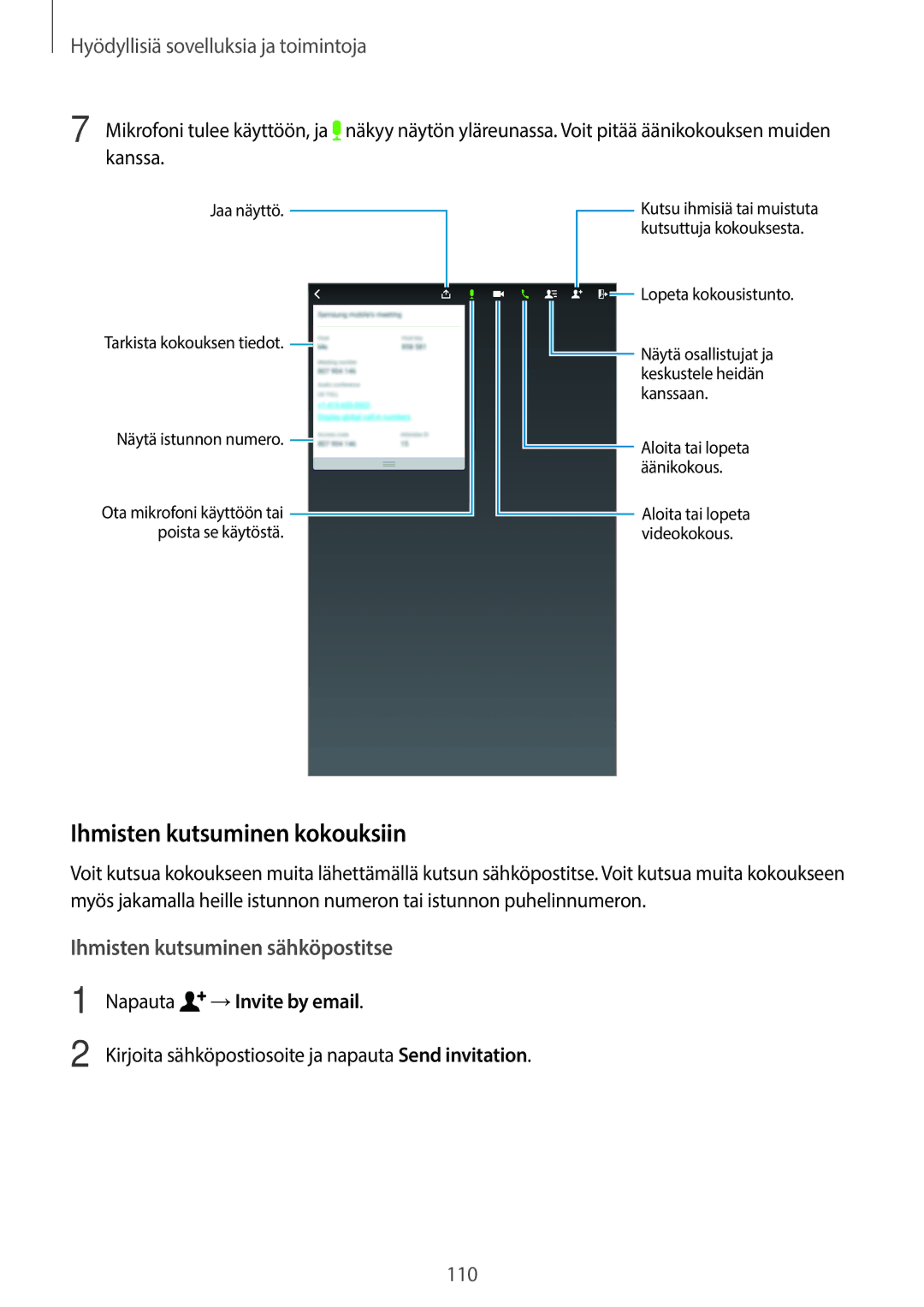 Samsung SM-T700NLSANEE, SM-T700NTSANEE, SM-T700NZWANEE manual Ihmisten kutsuminen kokouksiin, Napauta →Invite by email 