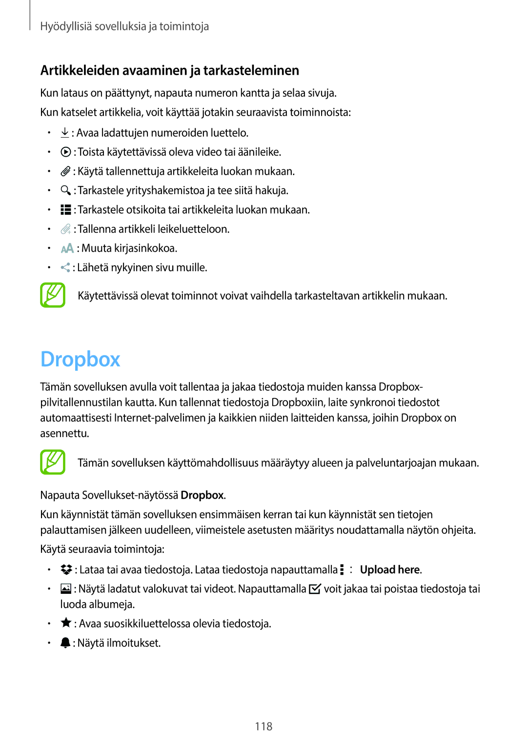 Samsung SM-T700NLSANEE manual Artikkeleiden avaaminen ja tarkasteleminen, Napauta Sovellukset-näytössä Dropbox 