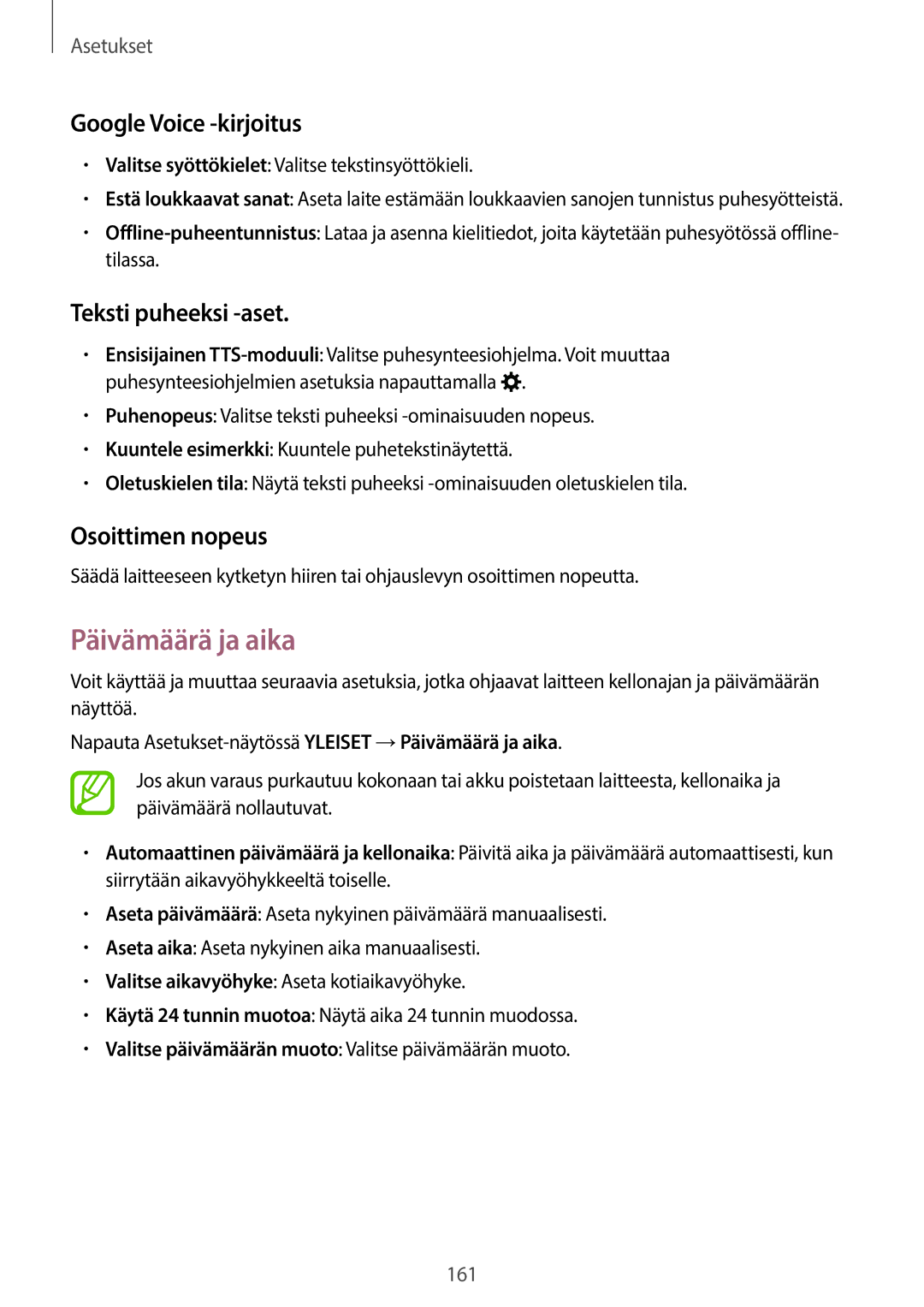 Samsung SM-T700NZWANEE manual Päivämäärä ja aika, Google Voice -kirjoitus, Teksti puheeksi -aset, Osoittimen nopeus 