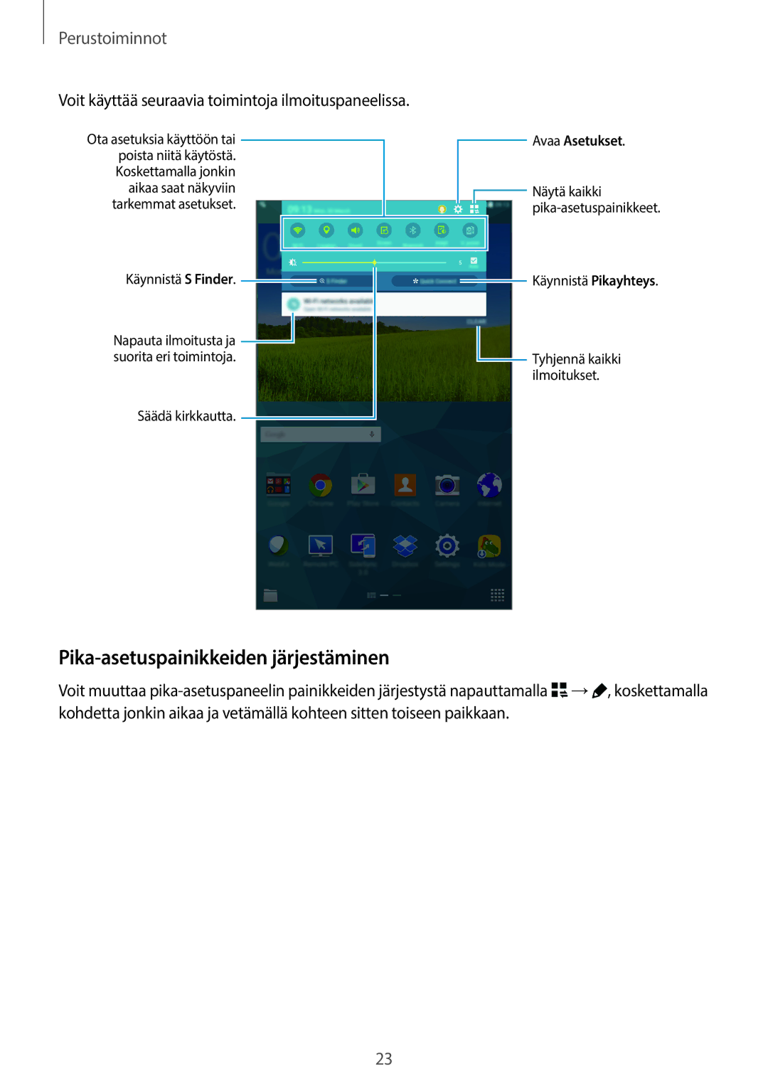 Samsung SM-T700NHAANEE manual Pika-asetuspainikkeiden järjestäminen, Voit käyttää seuraavia toimintoja ilmoituspaneelissa 