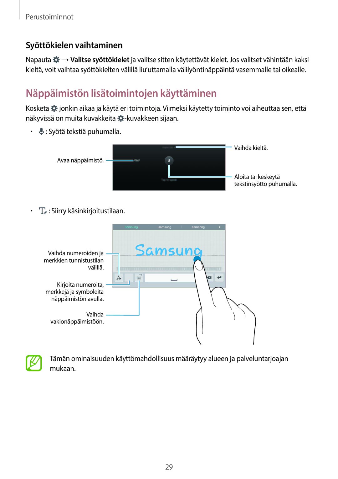 Samsung SM-T700NZWANEE Näppäimistön lisätoimintojen käyttäminen, Syöttökielen vaihtaminen, Siirry käsinkirjoitustilaan 